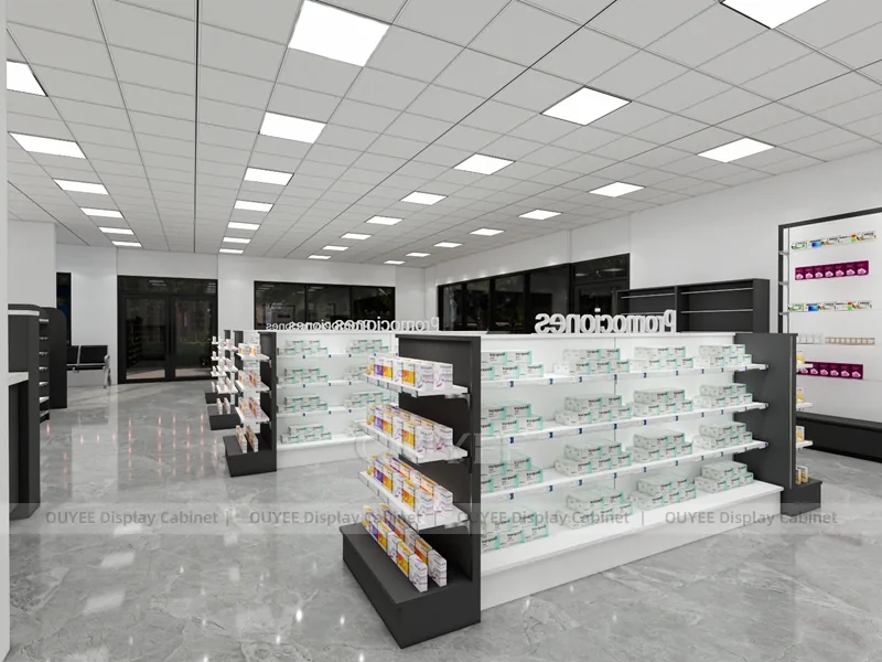 Black White Pharmacy Aisles Gondola Shelving