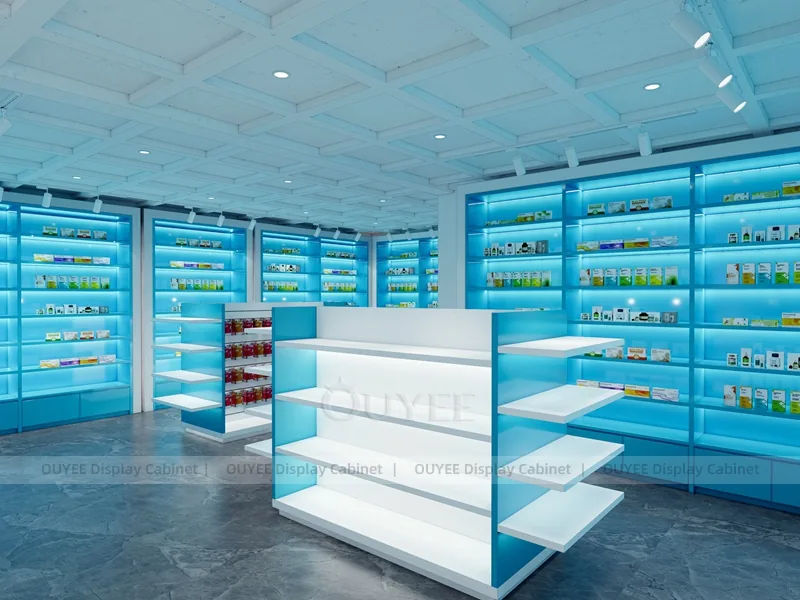Blue Light Pharmacy Wall White Shelving Display
