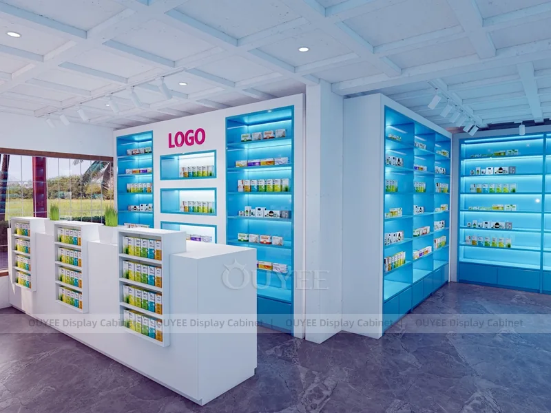 Blue Light Pharmacy Wall White Shelving Display - Image 2