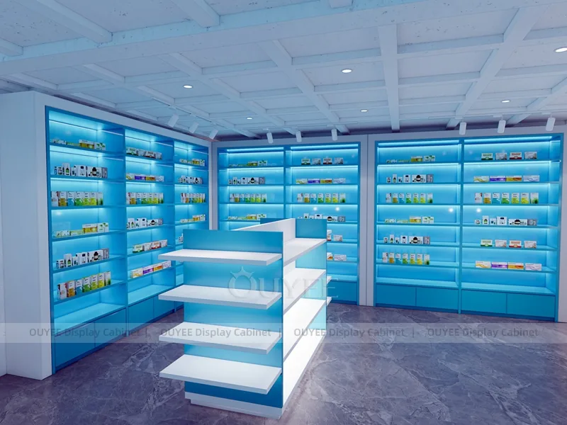 Blue Light Pharmacy Wall White Shelving Display - Image 3