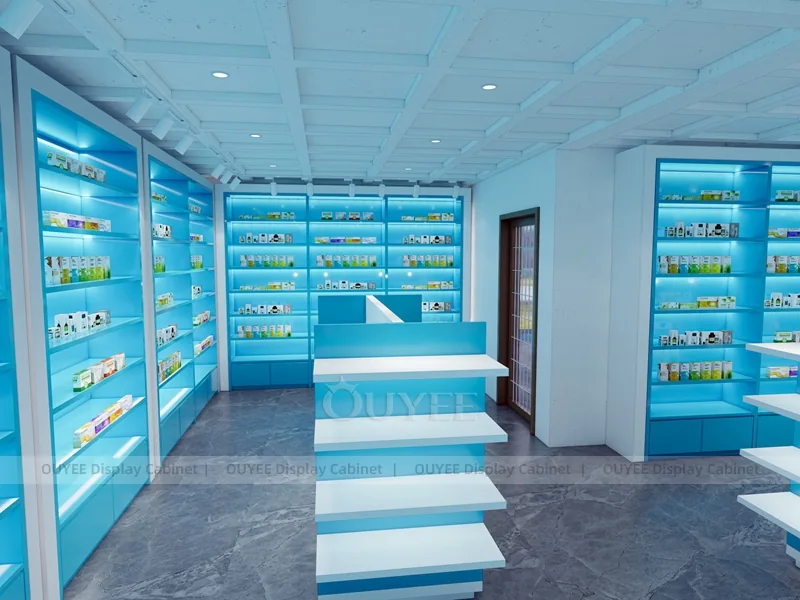 Blue Light Pharmacy Wall White Shelving Display - Image 4