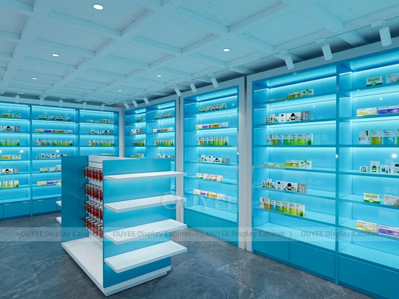 Blue Light Pharmacy Wall White Shelving Display - Image 5