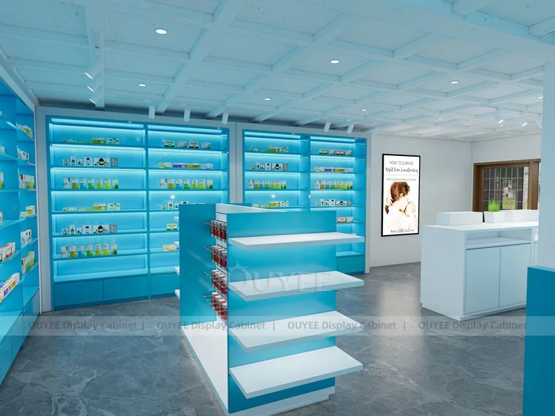 Blue Light Pharmacy Wall White Shelving Display - Image 6