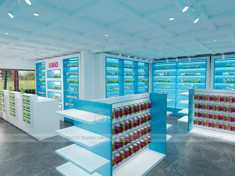 Blue Light Pharmacy Wall White Shelving Display - Image 7