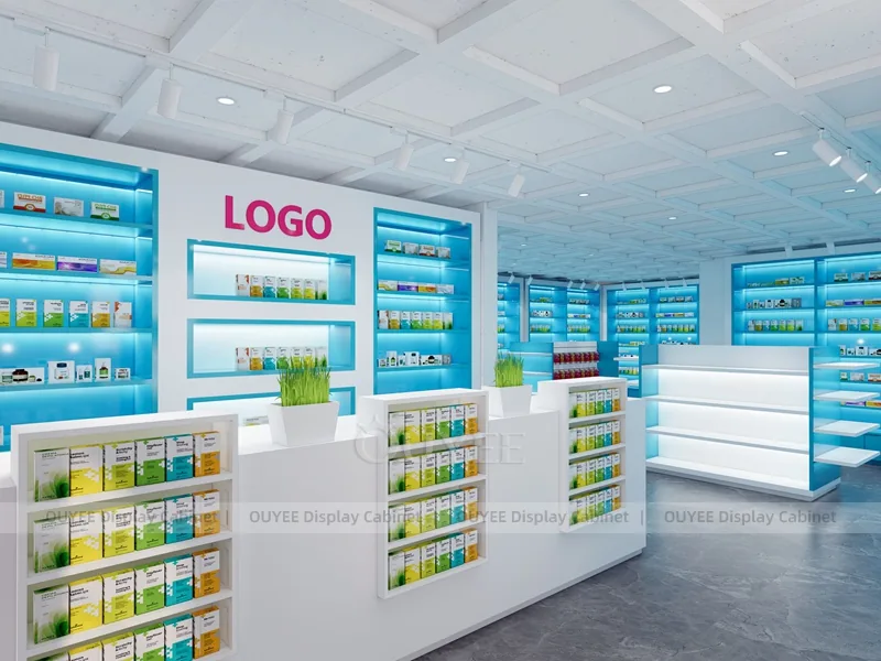 Blue Light Pharmacy Wall White Shelving Display - Image 8