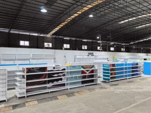 Blue White Retail Gondola Wig Gondola Shelving Display