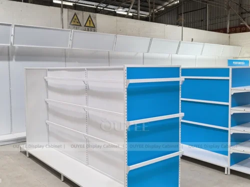 Blue White Retail Gondola Wig Gondola Shelving Display