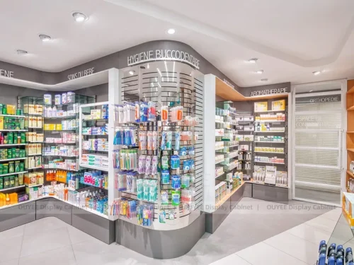 Curved Corner Pharmacy Wall Shelving Display