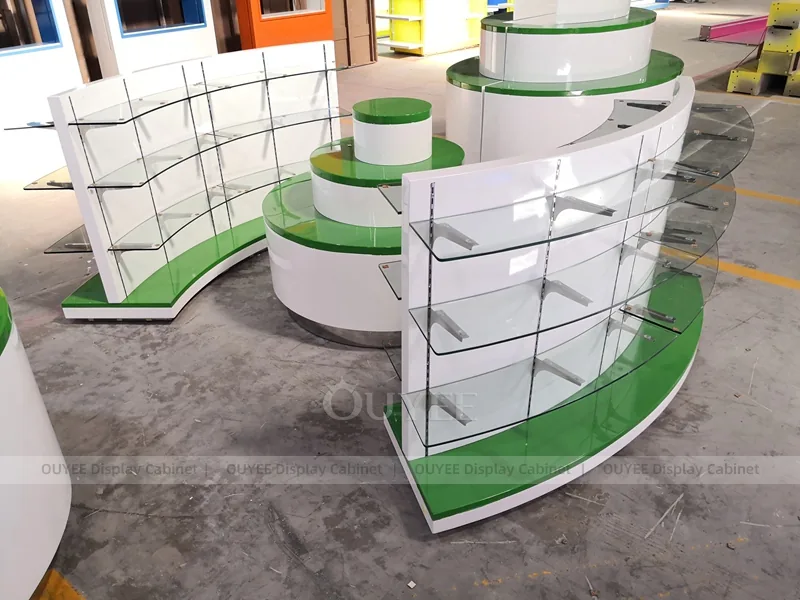 Curved Green Pharmacy Checkout Counter Display