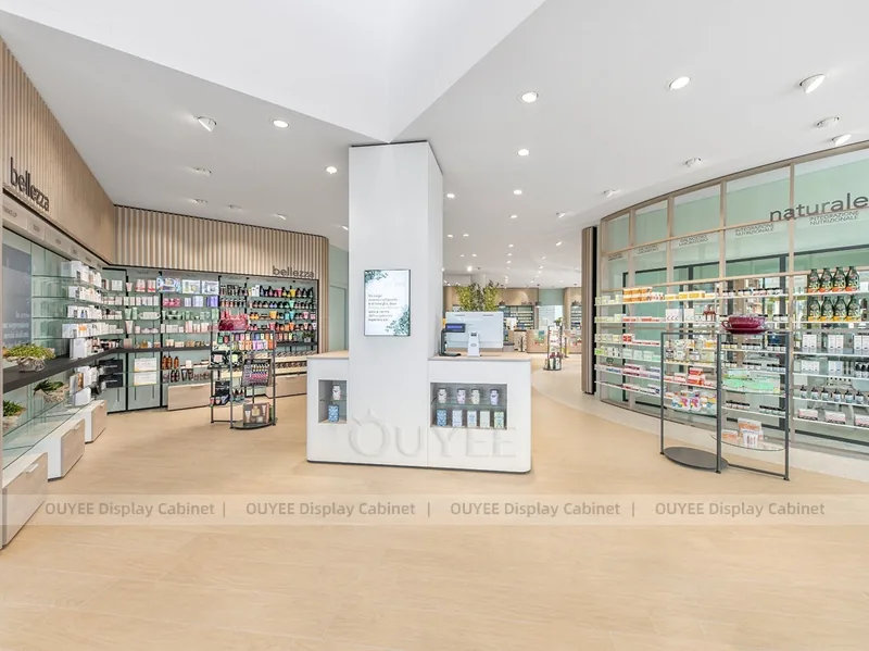 Curved White Pharmacy Wood Display Fixture
