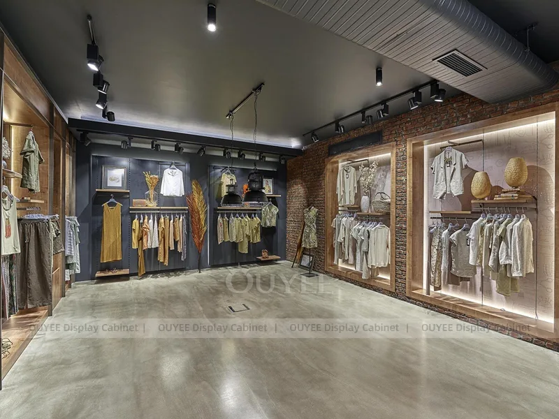 Dark Wood Glass Wall Clothing Store Display