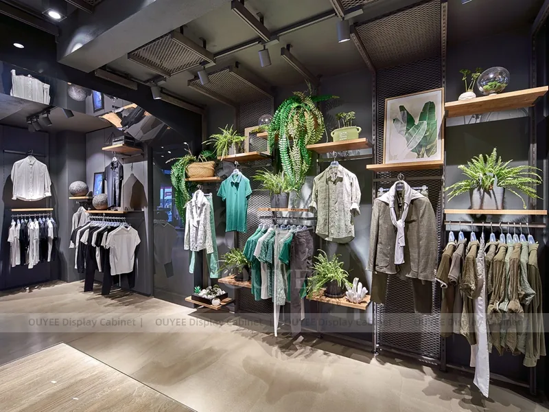 Dark Wood Glass Wall Clothing Store Display - Image 2