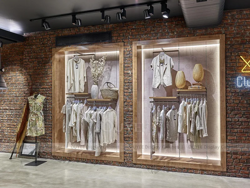 Dark Wood Glass Wall Clothing Store Display - Image 4
