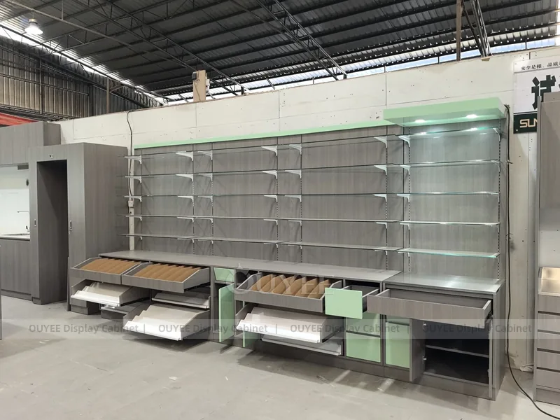 Grey Green Pharmacy Wall Low Shelving Display