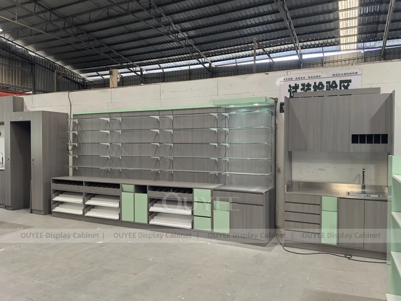 Grey Green Pharmacy Wall Low Shelving Display - Image 2