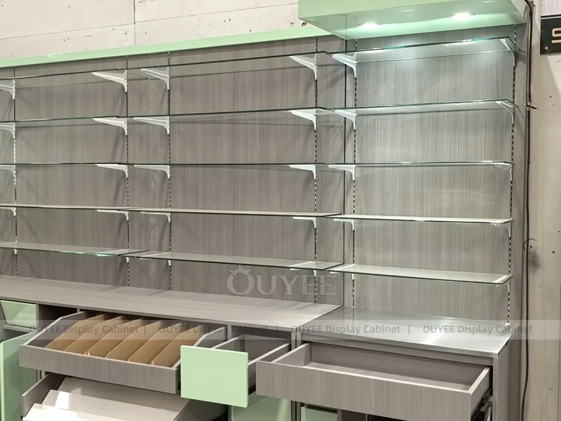 Grey Green Pharmacy Wall Low Shelving Display - Image 3