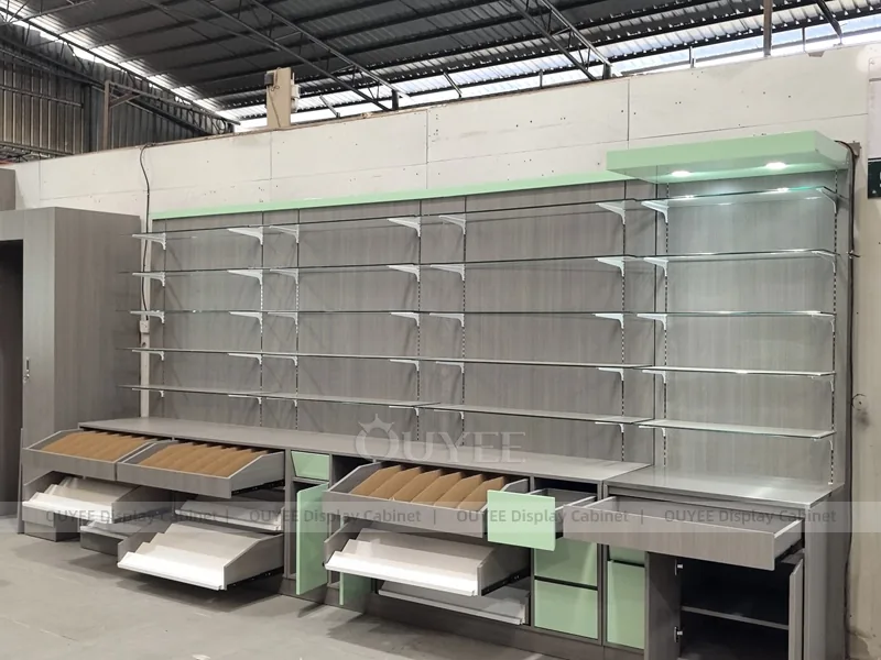 Grey Green Pharmacy Wall Low Shelving Display - Image 4