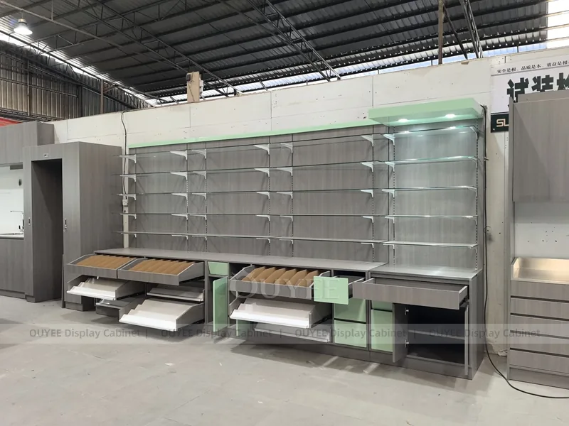 Grey Green Pharmacy Wall Low Shelving Display - Image 5