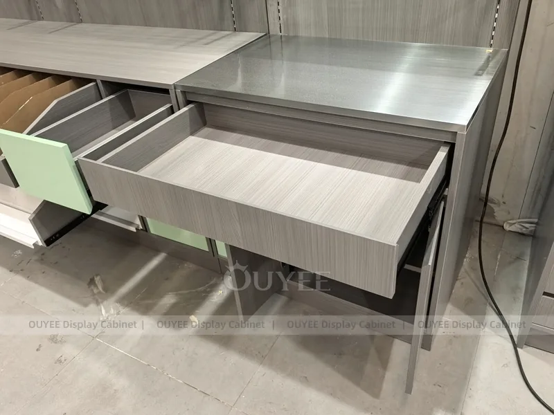 Grey Green Pharmacy Wall Low Shelving Display - Image 6