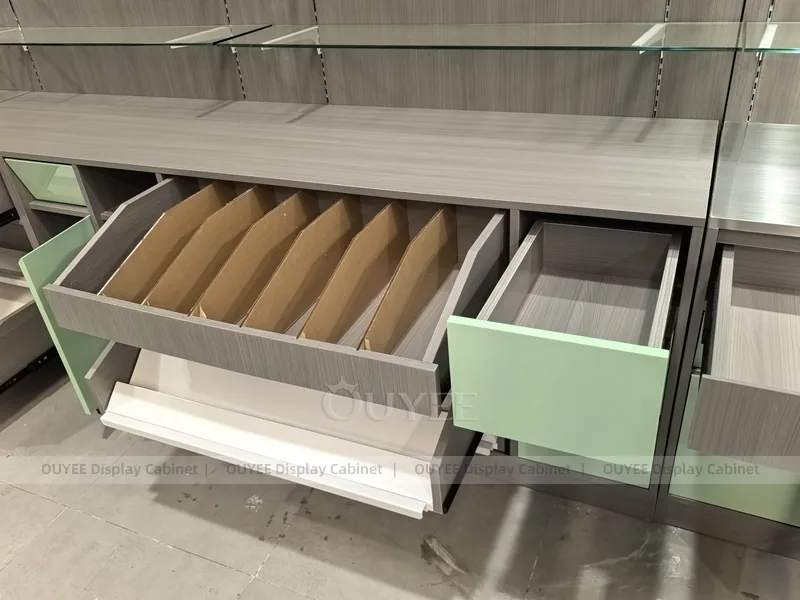 Grey Green Pharmacy Wall Low Shelving Display - Image 7