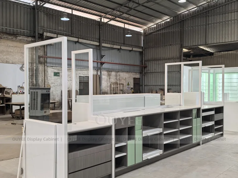 Grey Green Pharmacy Wall Low Shelving Display - Image 8
