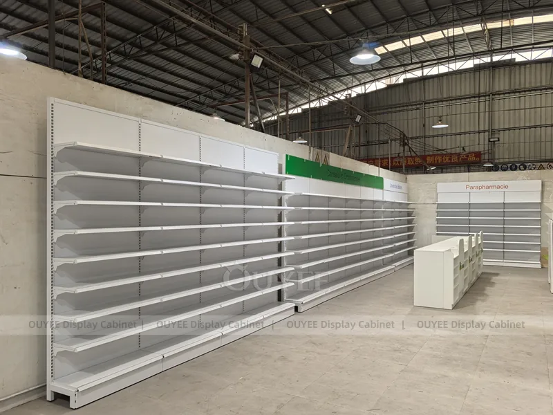 Long White Pharmacy Wall Green Shelving Display - Image 2