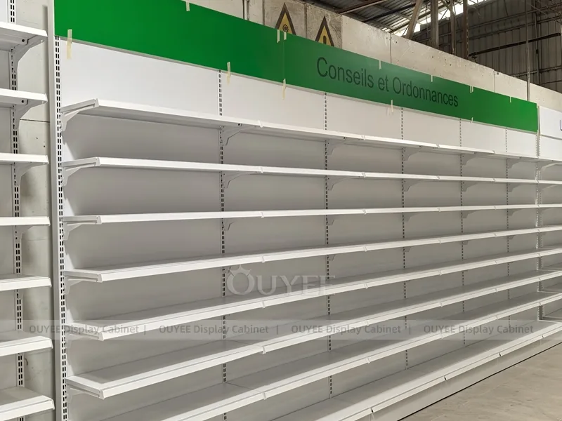 Long White Pharmacy Wall Green Shelving Display - Image 3