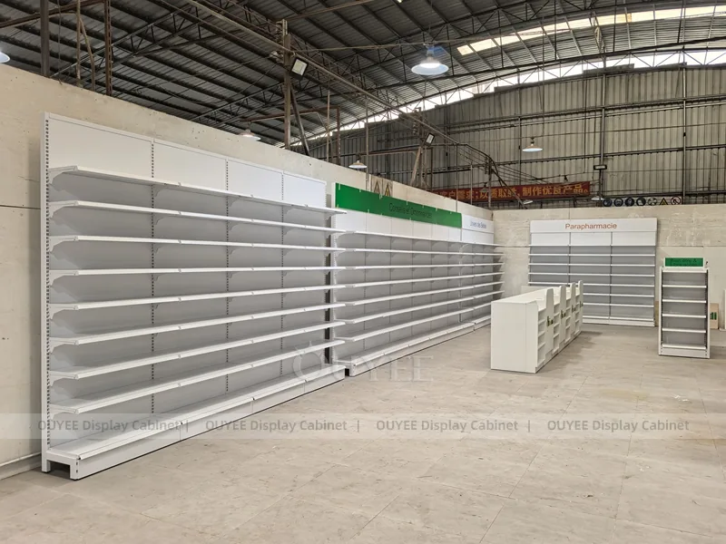 Long White Pharmacy Wall Green Shelving Display - Image 4
