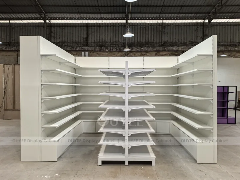 Long White Pharmacy Wall Green Shelving Display - Image 5