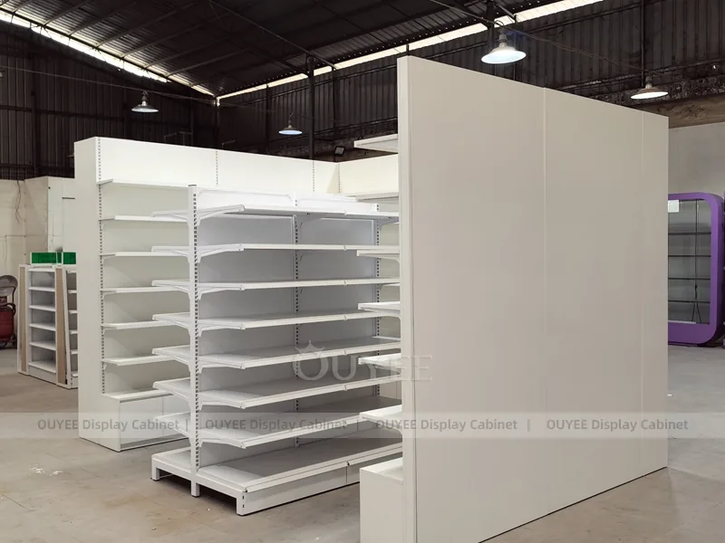 Long White Pharmacy Wall Green Shelving Display - Image 6