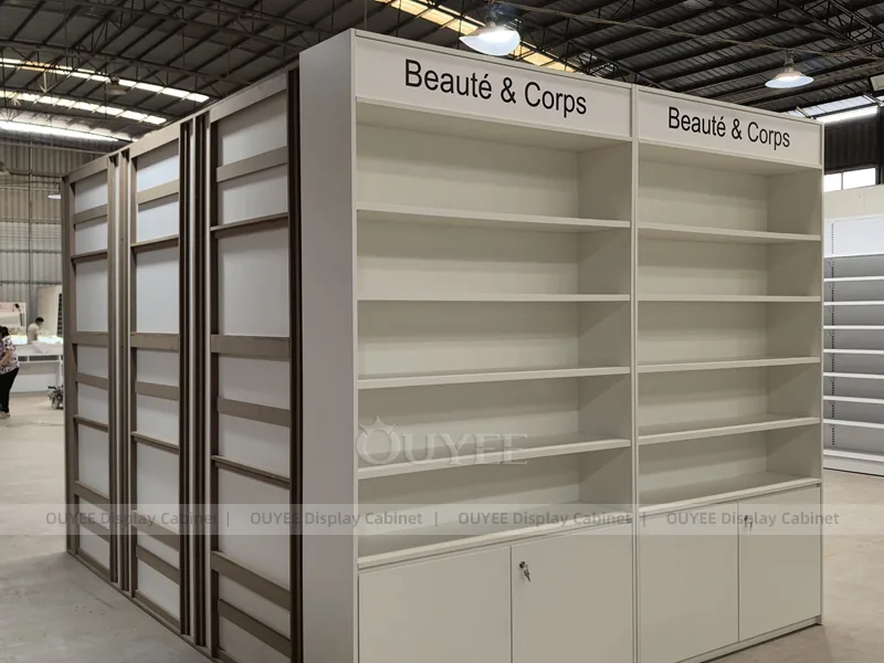 Long White Pharmacy Wall Green Shelving Display - Image 8
