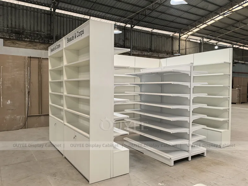 Long White Pharmacy Wall Green Shelving Display - Image 9