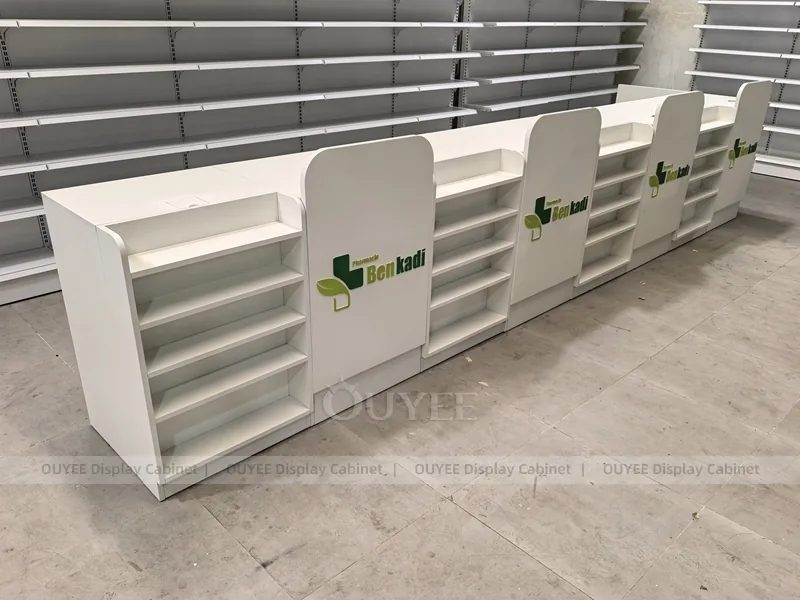 Long White Pharmacy Wall Green Shelving Display - Image 10