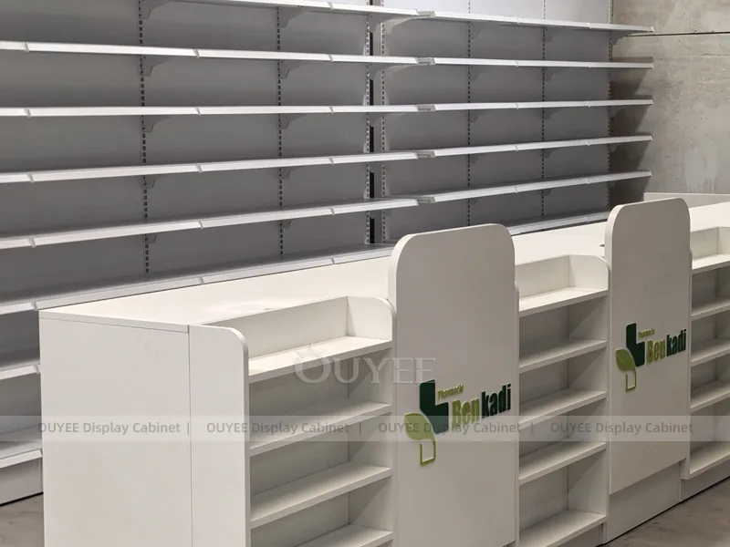 Long White Pharmacy Wall Green Shelving Display - Image 11