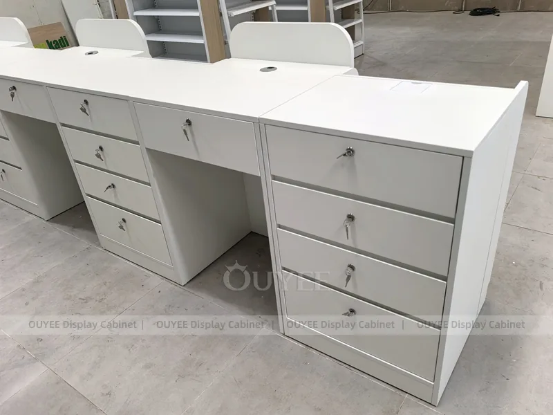 Long White Pharmacy Wall Green Shelving Display - Image 12