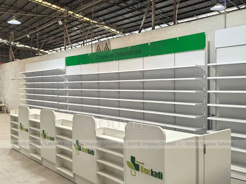Long White Pharmacy Wall Green Shelving Display - Image 13