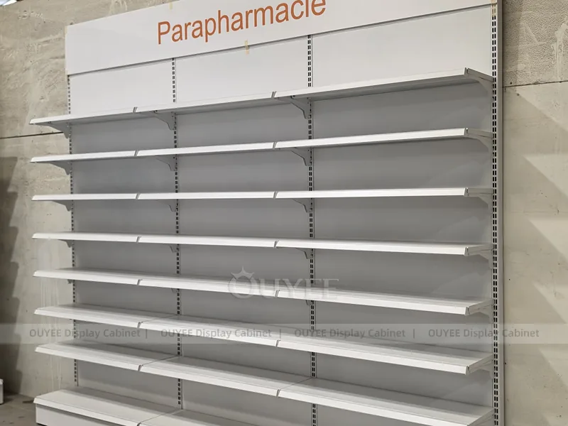 Long White Pharmacy Wall Green Shelving Display - Image 14