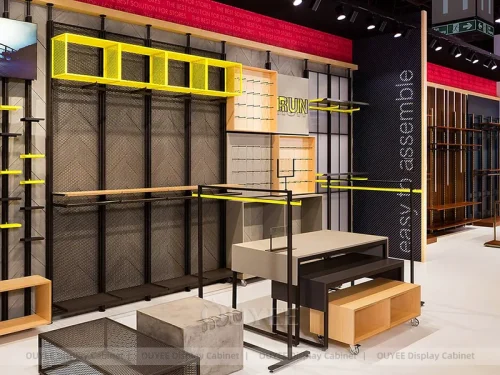 Modular Black and Yellow Wall Display with Nesting Tables 01
