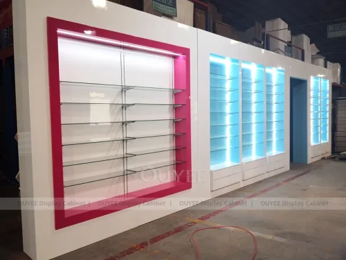 Pink Aqua Pharmacy Wall Shelving Display