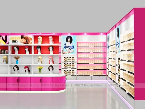 Pink Hair Corner Wall Cabinet Wig Wall Display