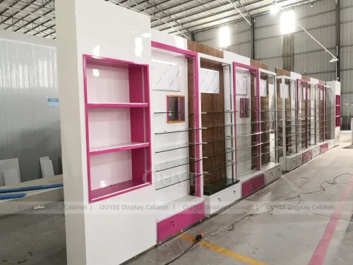 Pink Orange Pharmacy Wall Shelving Display