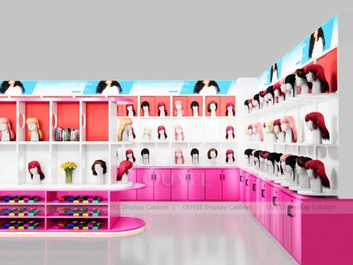 Pink Wig Wall Shelving Curved Wig Wall Display