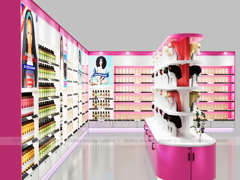 Pink Wig Wall Shelving Round Wig Wall Display