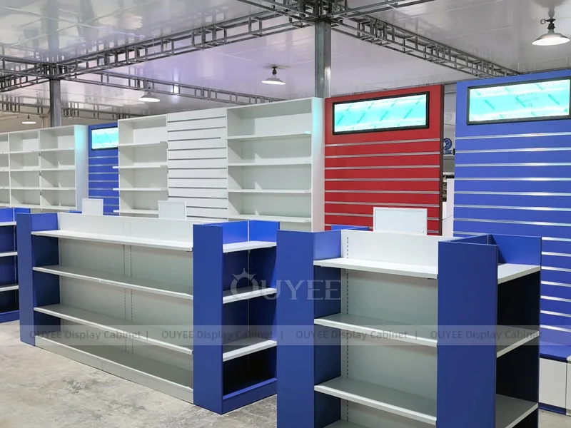 Red Blue Pharmacy Wall White Shelving Display
