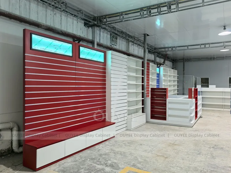 Red Blue Pharmacy Wall White Shelving Display - Image 2