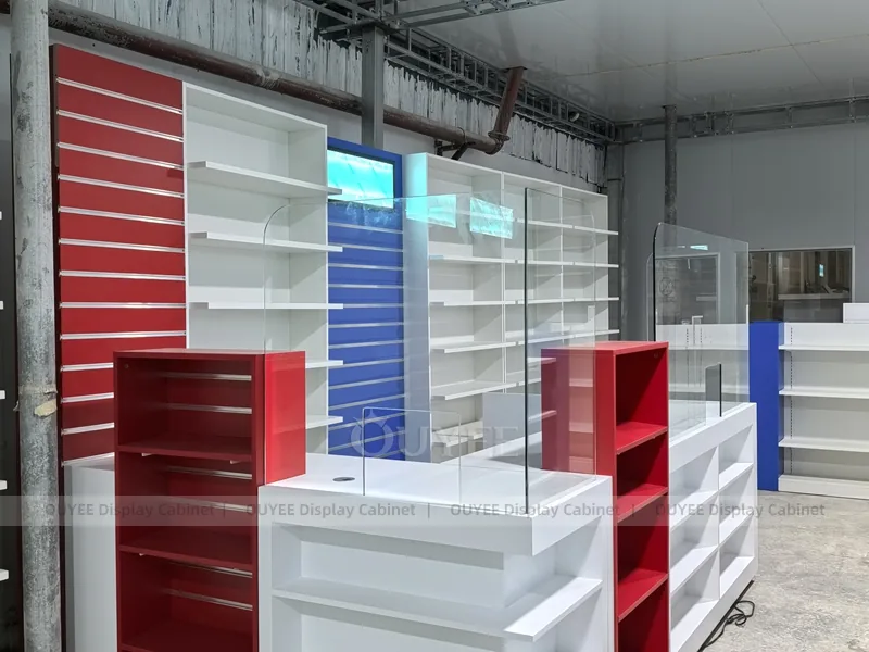 Red Blue Pharmacy Wall White Shelving Display - Image 3