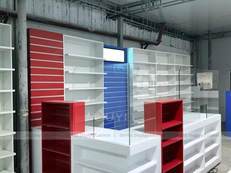 Red Blue Pharmacy Wall White Shelving Display - Image 4