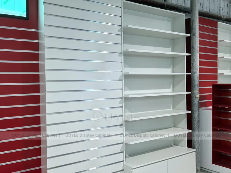 Red Blue Pharmacy Wall White Shelving Display - Image 5