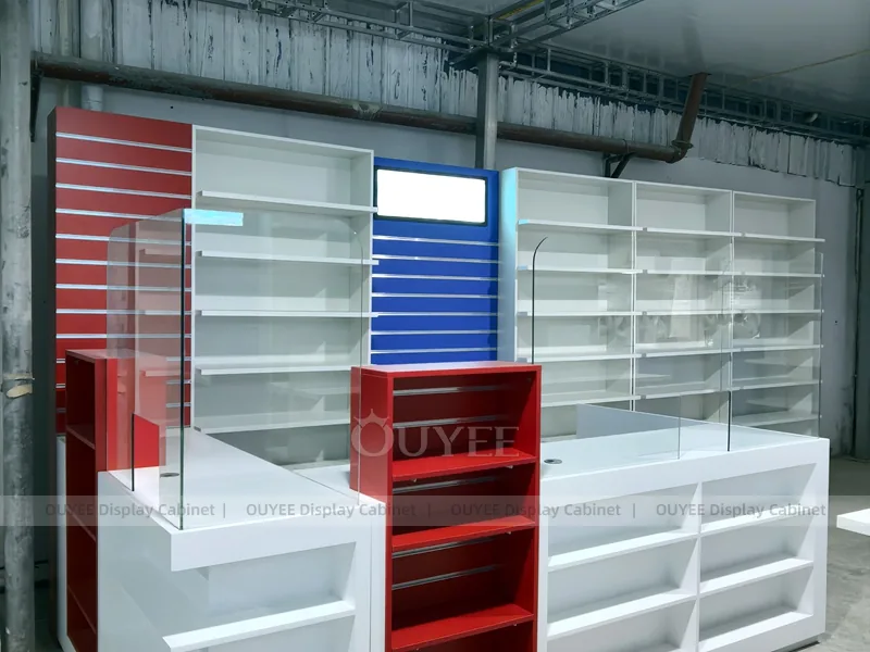 Red Blue Pharmacy Wall White Shelving Display - Image 6