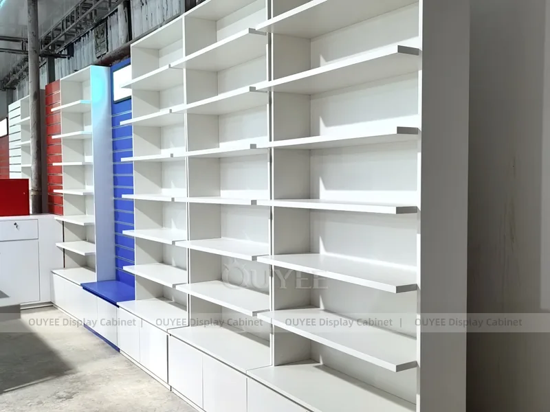 Red Blue Pharmacy Wall White Shelving Display - Image 8